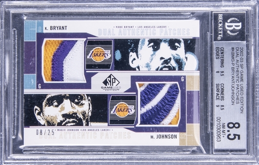 2003/03 SP Game Used Edition "Dual Authentic Patches" #KBMG-P Kobe Bryant/Magic Johnson Dual Game Used Patch Card (#8/25) - BGS NM-MT+ 8.5